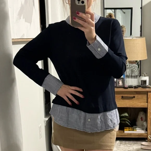 Navy Preppy Style Blouse / Attached Pin Stripe Sleeves & Collar - Picture 6 of 11